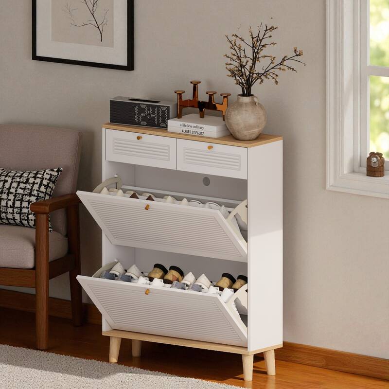 31.5" Narrow Shoe Cabinet with 2 Flip Doors and 2 Drawers, Modern Freestanding Shoe Storage Organizer with Wood Legs