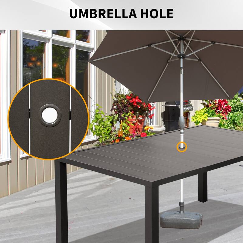 Outdoor Dining Table for 6 Person, Rectangular Slatted Metal Patio Table for Deck Garden Lawn Backyard Use with Umbrella Hole