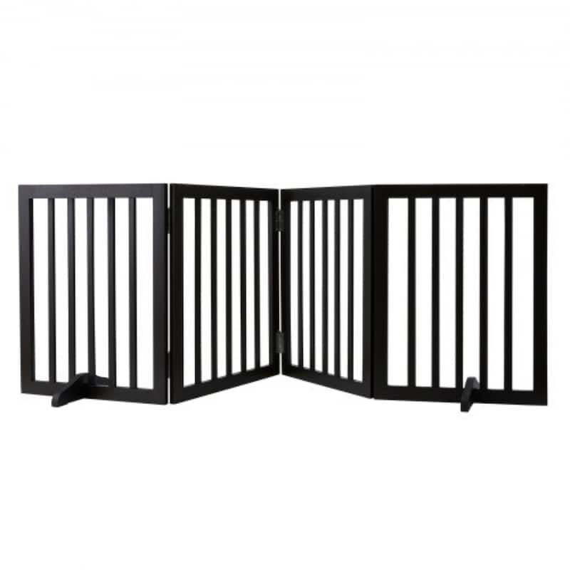 4 Panels Wooden Freestanding Foldable Dog Gate Stand with Footpads Ideal for Indoor Pets - 80.31 x 9.65 x 24.02 in - Brown