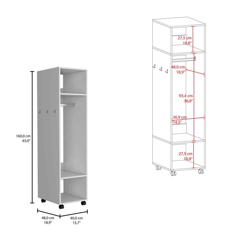 15.7" Modern Mirrored Armoire with Three Shelves, Casters and Hanging Rod