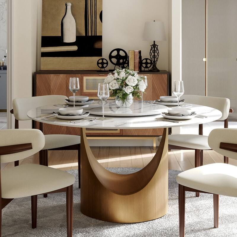 Modern Round Dining Table for Diningroom，White Glossy Stone Tabletop,Bronze Carbon Pedestal