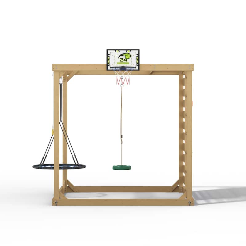 8-in-1 Cedar Wood Outdoor Playset for Backyard, Kids Swing Set with Climbing Wall, Monkey Bars, Basketball Hoop & Sand Box