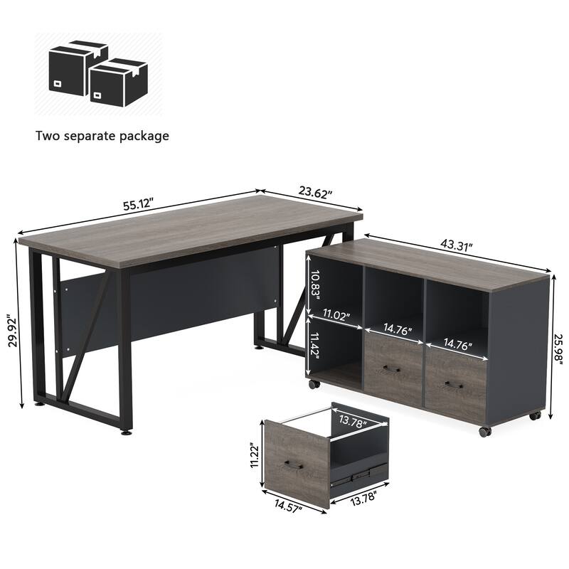 L-Shaped Computer Desk, 55 inches Executive Desk with lateral File Cabinet