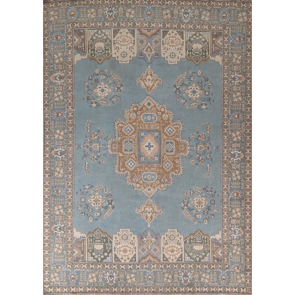 Light Blue Geometric Tabriz Persian Vintage Rug Handmade Wool Carpet - 9'7"x 12'8"