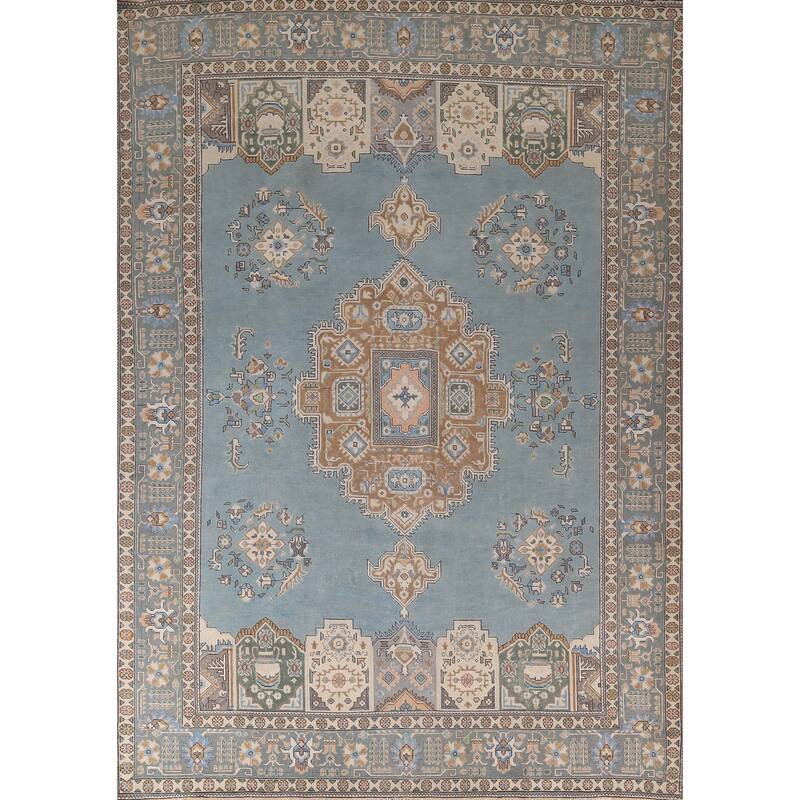 Light Blue Geometric Tabriz Persian Vintage Rug Handmade Wool Carpet - 9'7"x 12'8"