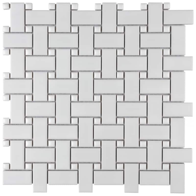 Merola Tile Metro Basketweave White w/ Glossy White Dot 11-3/4" x 11-3/4" Porcelain Floor and Wall Tile