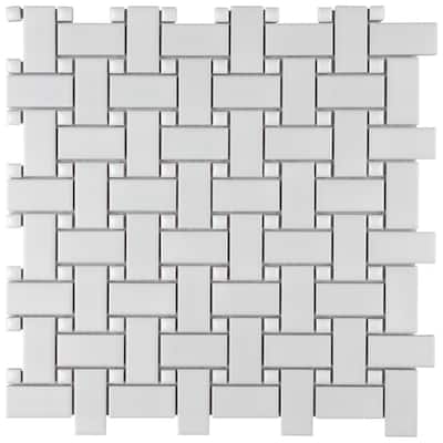 Merola Tile Metro Basketweave White w/ Glossy White Dot 11-3/4" x 11-3/4" Porcelain Floor and Wall Tile