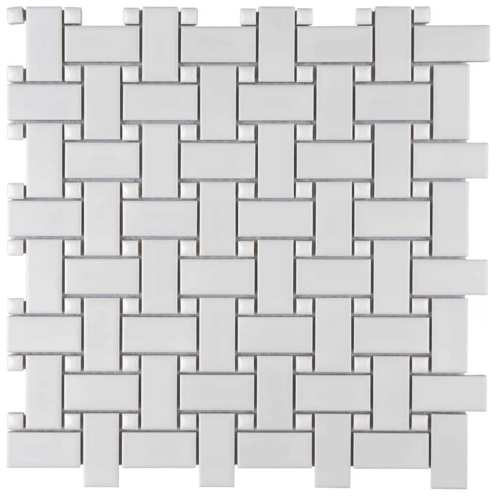 Merola Tile Metro Basketweave White w/ Glossy White Dot 11-3/4" x 11-3/4" Porcelain Mosaic Floor and Wall Tile