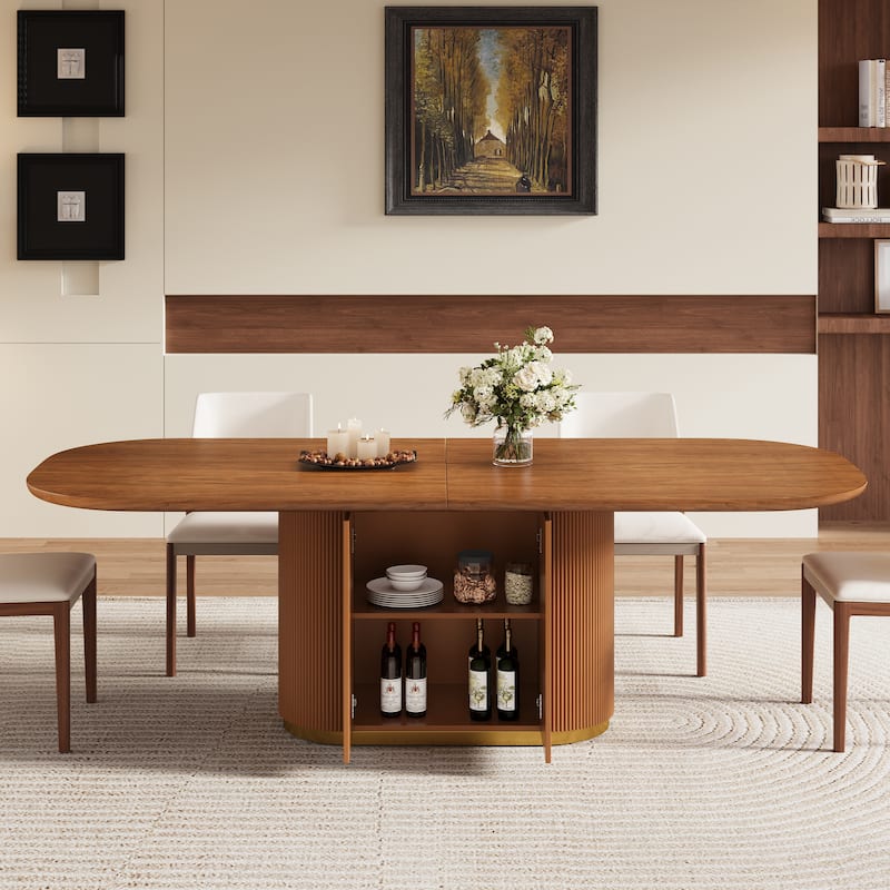 86.8" Oval Mid-Century Modern Dining Table (Seats 8-10), Brown Solid Wood Veneer Kitchen Table with Built-in Storage