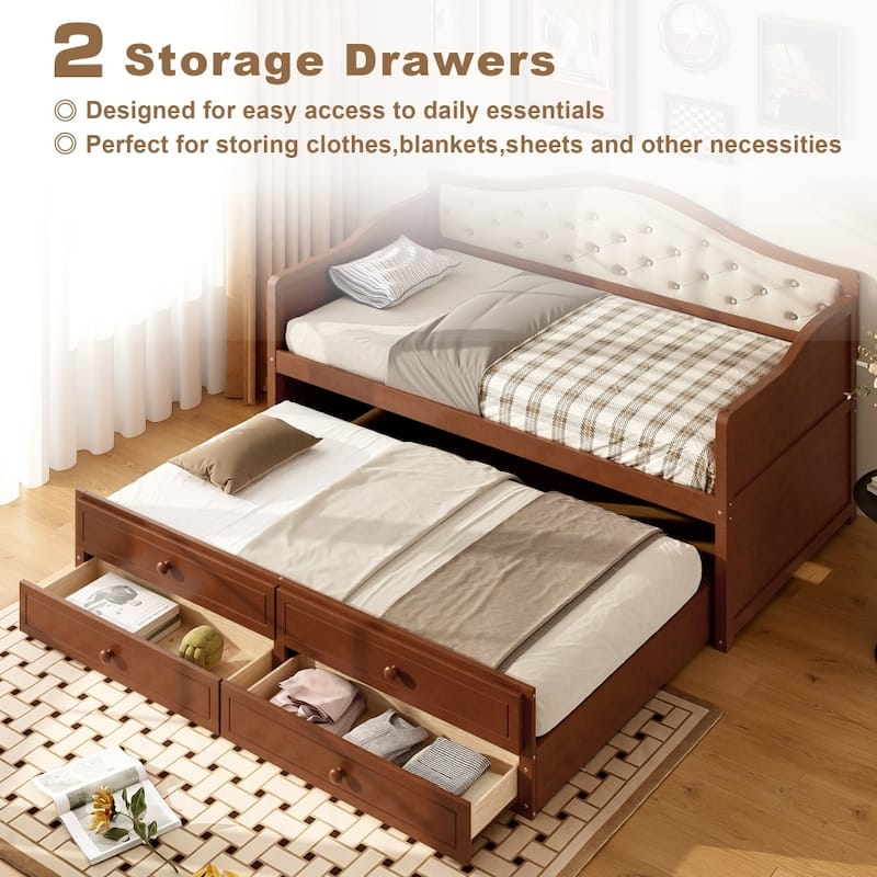 Twin Size Wooden Daybed with Trundle and 2 Drawers, Upholstered Backrest