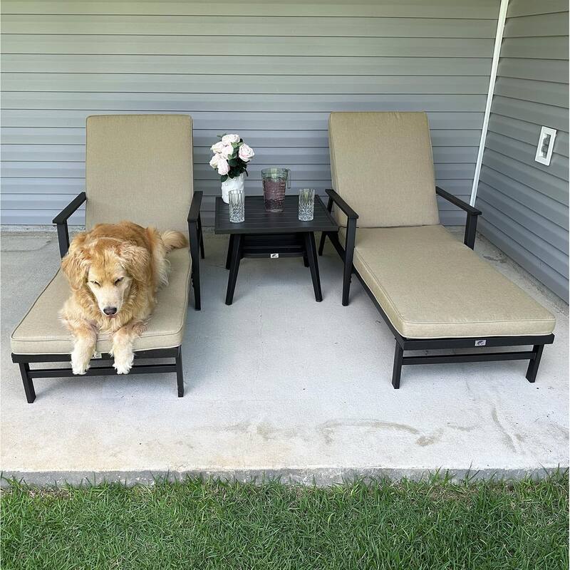 PURPLE LEAF Adjustable Chaise Lounge - Thick Cushioned Outdoor Recliner with Side Table, for Patio, Beach & Backyard (Khaki) - 3 Pcs Beige (2 Chair & 1 Table)