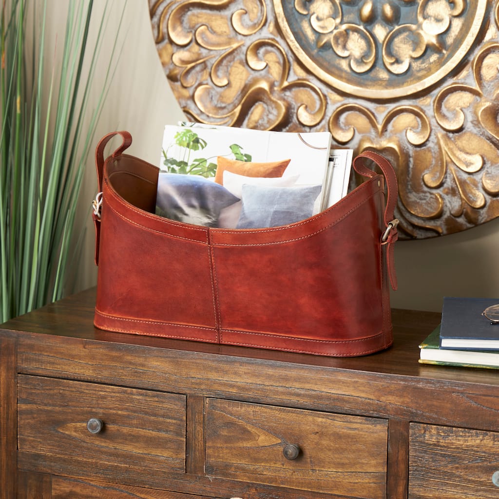 Brown Leather Handmade Box Style Single Slot Magazine Holder with Detail Stitching and Curved Handles