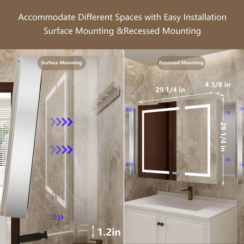 ExBrite 30" x 30" LED Lighted Bathroom Medicine Cabinet with Mirror,Recessed or Surface Mount,Defog - 30" x 30"