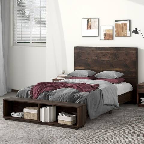 Walnut Wood Platform Bed with Storage Bench