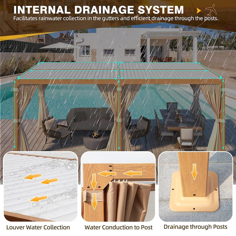 EROMMY Outdoor Louvered Pergola Gazebo with Adjustable Aluminum Rainproof Roof and Pull-Down Screen