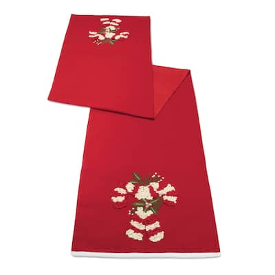 Cotton Table Runner with Embroidered Candy Cane Holiday Design