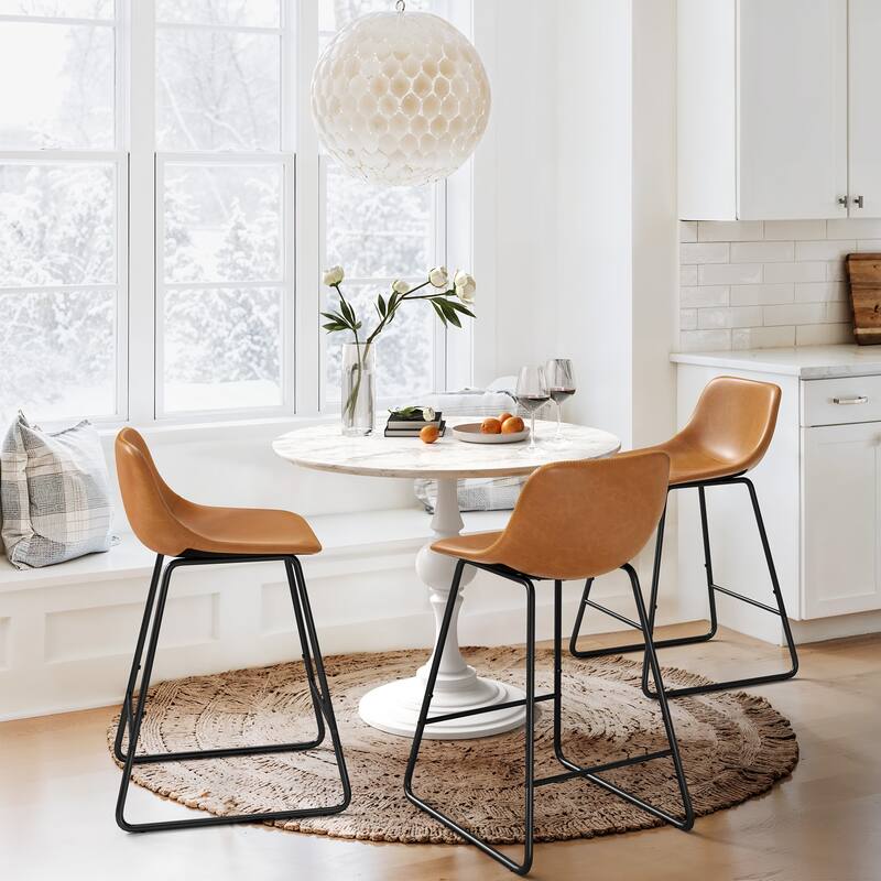 Modern 24.in Counter Height Bar Stool with PU Leather and Metal Frame Barstools for Kitchen Island - Whiskey Brown - Set of 3