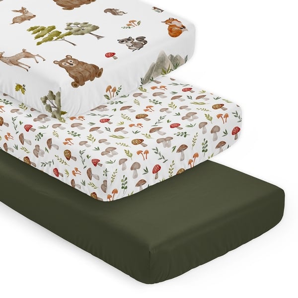 slide 2 of 6, Sweet Jojo Designs Woodland Forest Animals Boy, Girl, Unisex/Gender Neutral 3 Pack Fitted Crib Sheets - Solid Green, Mushrooms