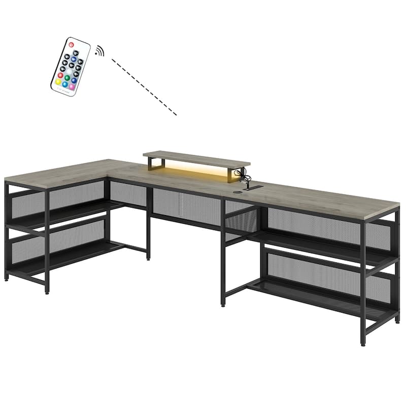 U-shaped Desk with Shelve and LED Lights