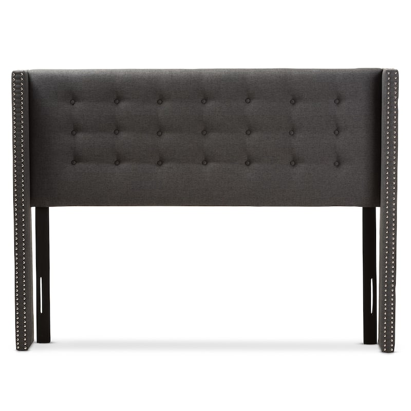 Modern Dark Grey Fabric Winged Headboard King Size with Button Tufting and Nailhead Trim, Adjustable Mount