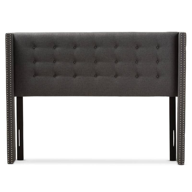 Modern Dark Grey Fabric Winged Headboard Queen Size with Button Tufting and Nailhead Trim, Adjustable Mount