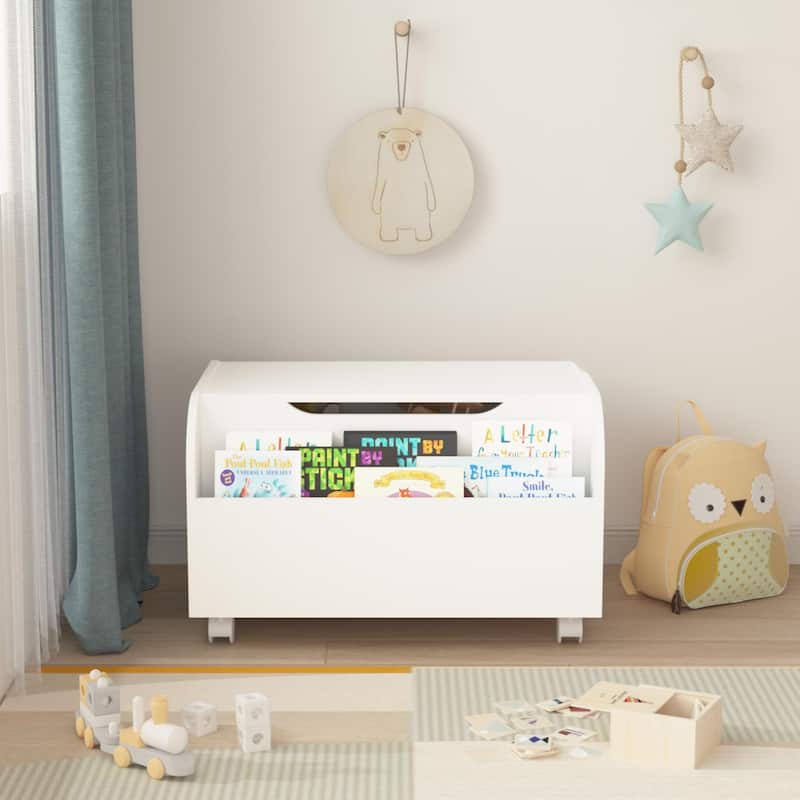 Kids Toy Storage Organizer on wheels with Front Bookshelf Flip Top Lid Safety Hinge