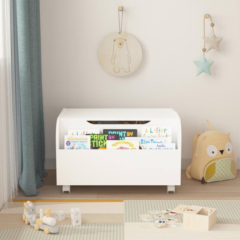 Wooden Toy Box with 4 Universal Wheels, Kids Toy Storage Organizer with Front Bookshelf, Flip-Top Lid