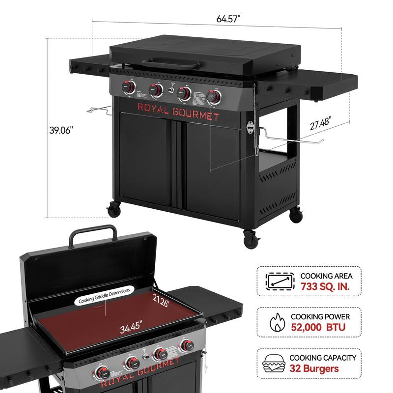 Royal Gourmet 4-Burner Black Gas Griddle with Hood