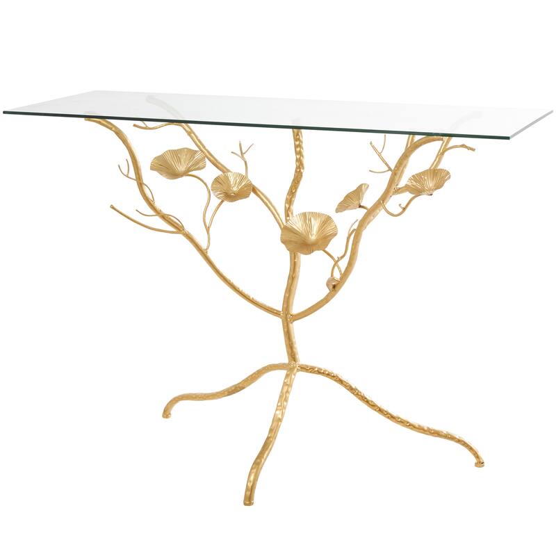 Gold Metal Branch Floral Console Table with Glass Top