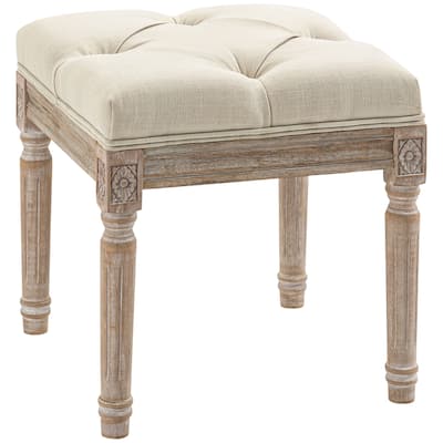 16" Vintage Ottoman, Tufted Foot Stool with Upholstered Seat, Rustic Wood Legs for Bedroom, Living Room