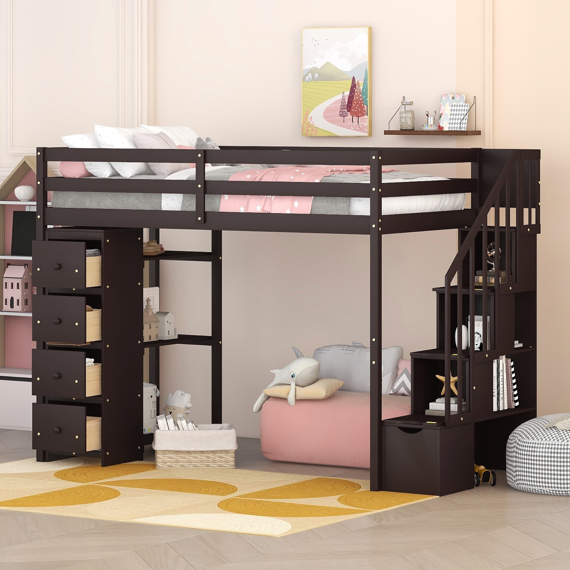Full size loft bed with hot sale stairs and storage