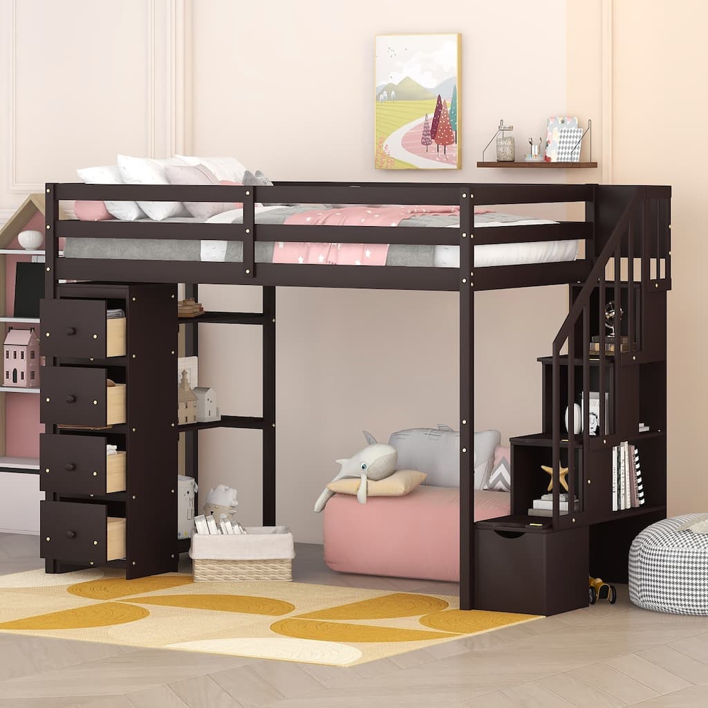 Twin Size Wooden Loft Bed with Storage Drawers, Shelves, and Stairs - Espresso