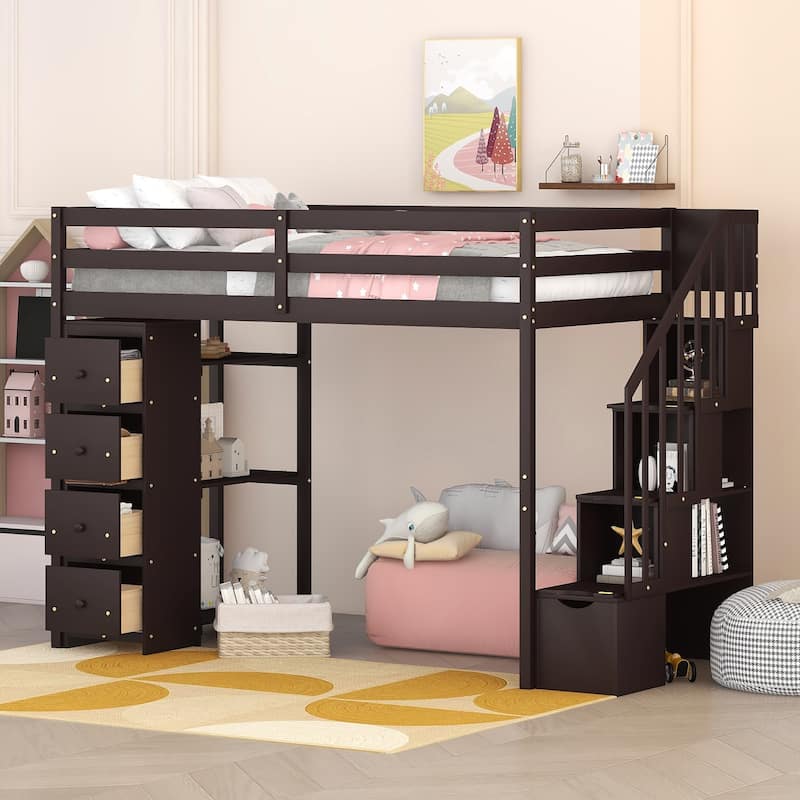 Twin size Loft Bed with Storage Drawers and Stairs, Wooden Loft Bed