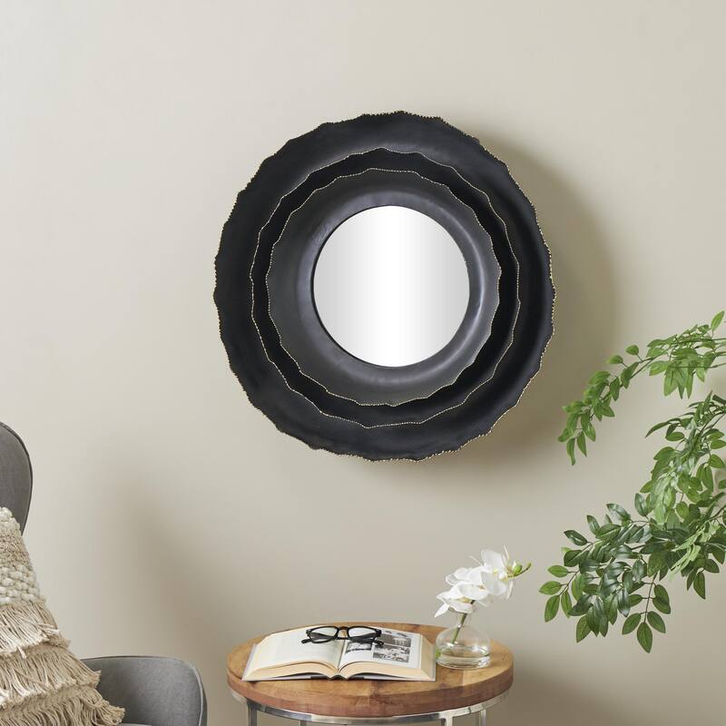 Metal Floral Layered Frame Room Wall Mirror with Layered Floral Frame - Black - Roche River Decor