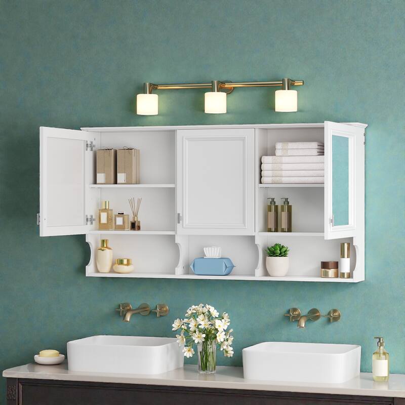 55 Inch Mirrored Medicine Cabinet with Open Shelves, Wall Mounted Bathroom Storage Cabinet with Doors