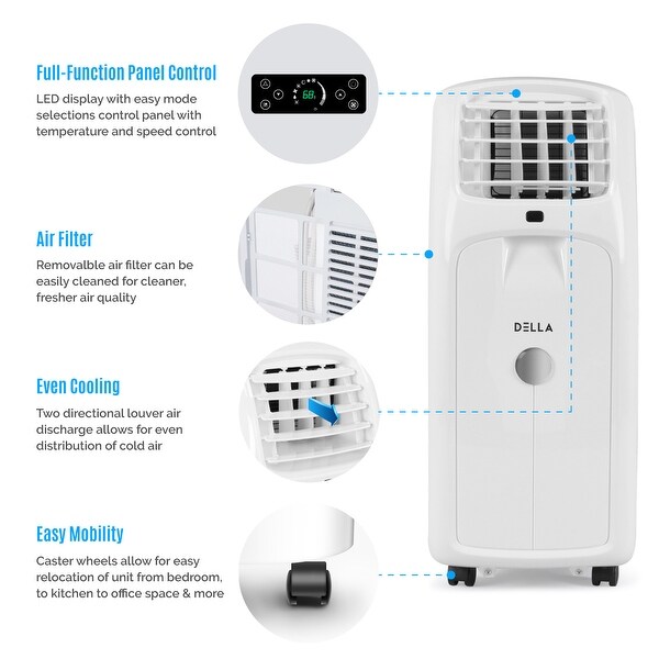 Ft DELLA 8000 BTU Portable Air Conditioner Cooling for Rooms Up To 350 Sq Fan Dehumidifier Timer Remote Control Wheels Window Vent Kit UL Listed