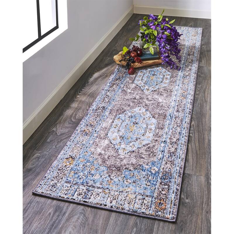 Matana Medallion Space Dyed Rug, Azure Blue/Light Gray, Accent Rug