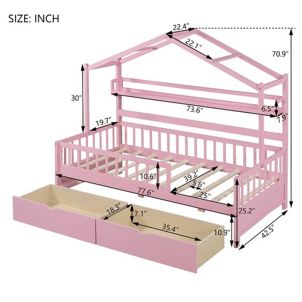 dimension image slide 0 of 3, Wooden Twin Size House Bed with 2 Drawers,Kids Bed with Storage Shelf, Gray