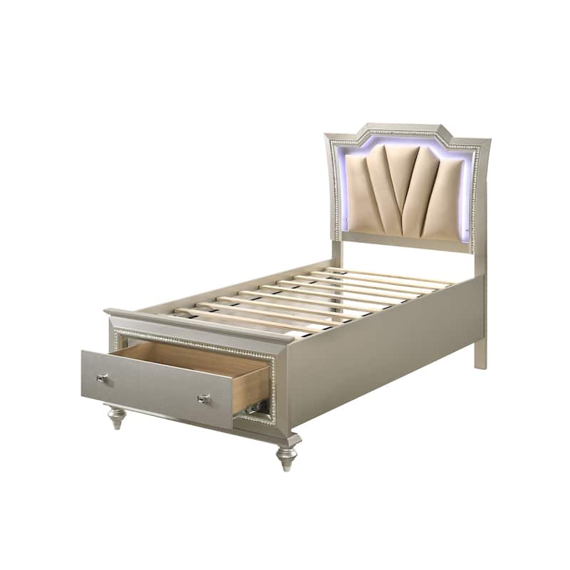 Full Wooden Bed with Diagonal Tufted Padded Headboard and Low Footboard