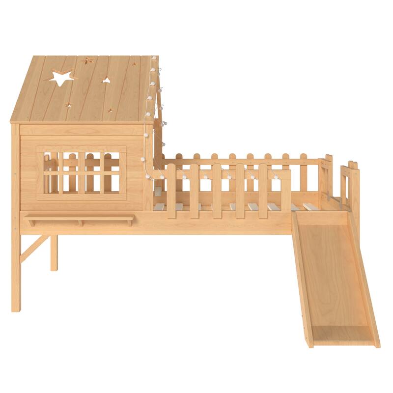 Twin Size House Loft Bed with Slide,Playhouse Bed with Star Moon-shaped Designs and Window, Chic Design with LED Lights