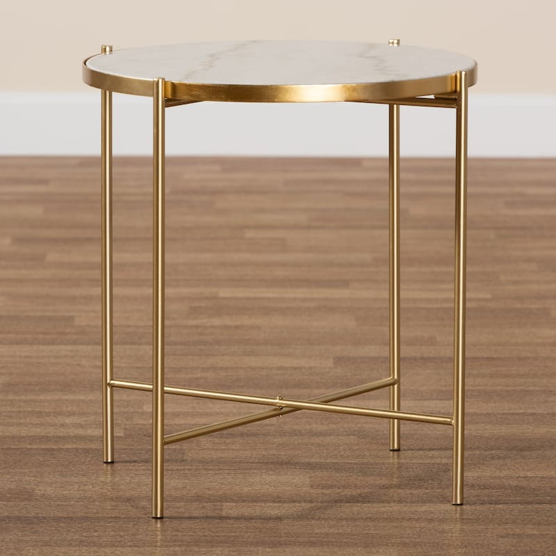 Maddock Contemporary Gold Metal End Table with Real Marble Tabletop