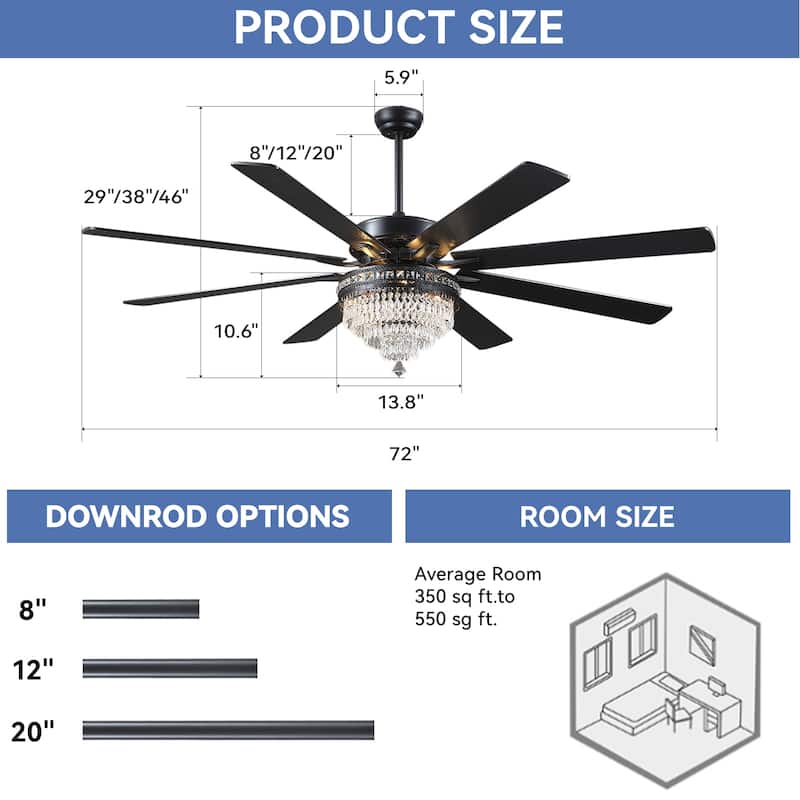 52" or 62" Crystal Ceiling Fan Chandelier with Lights,Remote Control, Timer,Reversible Motor