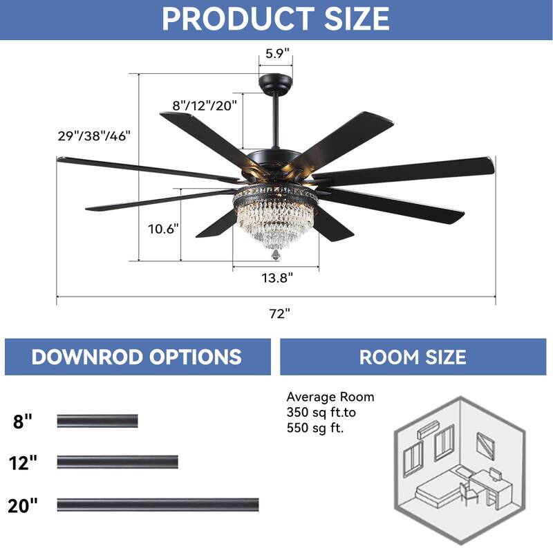 Kviflon 72" Modern Ceiling Fan Chandelier with Lights and Remote for Living Room, Patio, Retro/Farmhouse Lighting - 72 Inches