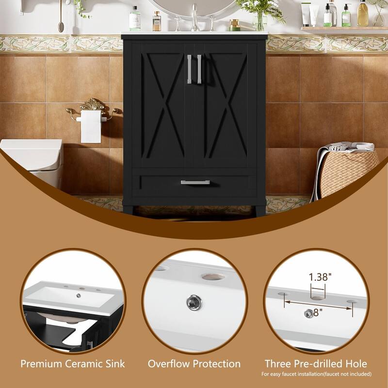 30" Bathroom Vanity - Solid Wood Frame, Single Sink, 2 Soft-Close Doors, Divided Drawer & Dual Storage Shelves