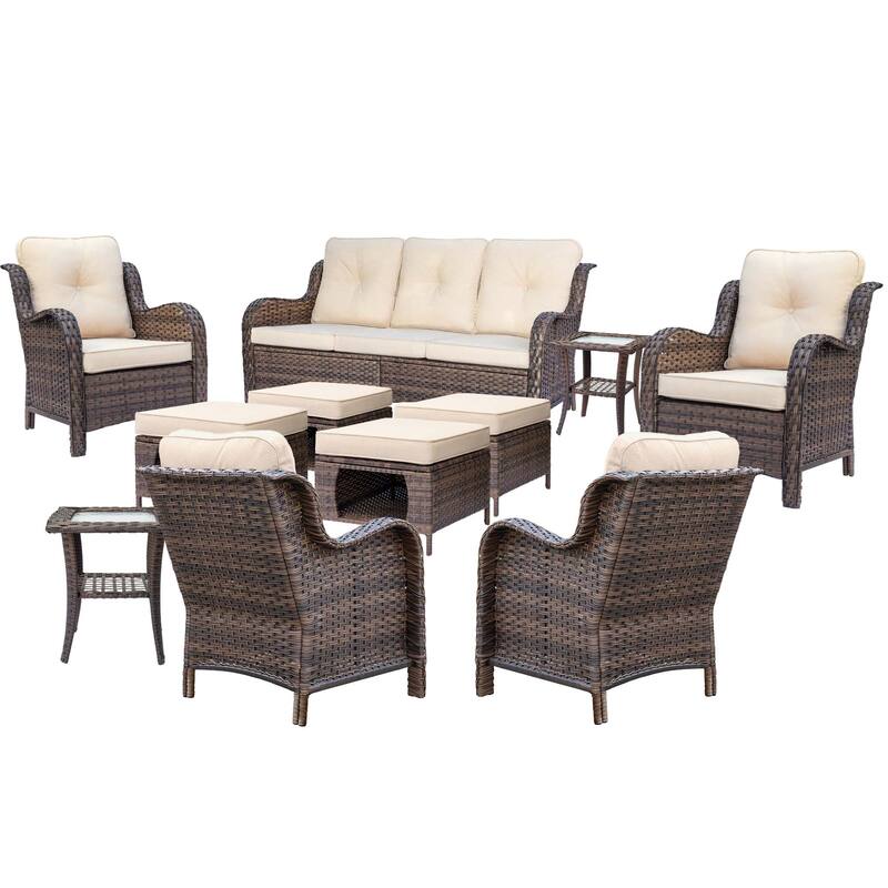 Brown Wicker Outdoor Patio Conversation Seating Sets with Beige Cushions