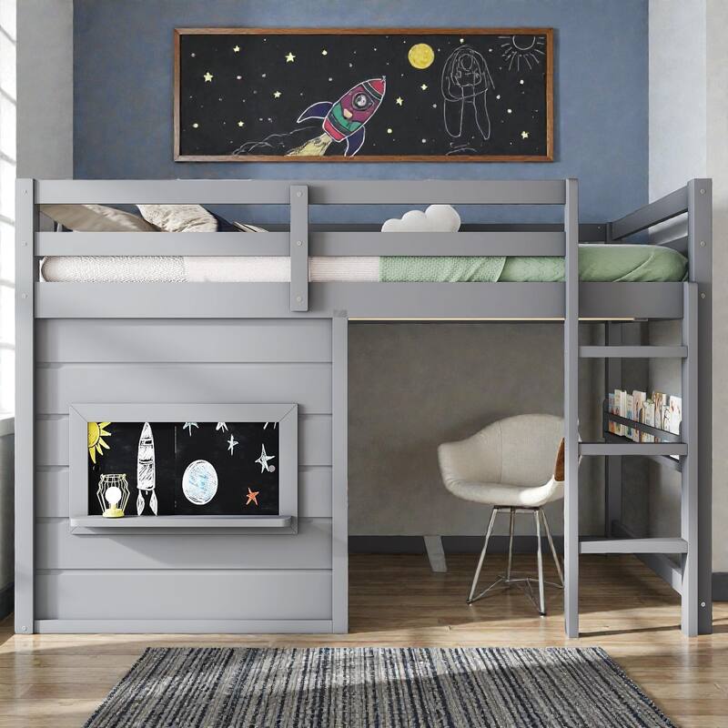 Twin/Full Loft Bed with Sliding Chalkboard, Built-in Bookshelf, Solid Wood Frame & Safety Guardrails, Kids Playhouse Bed