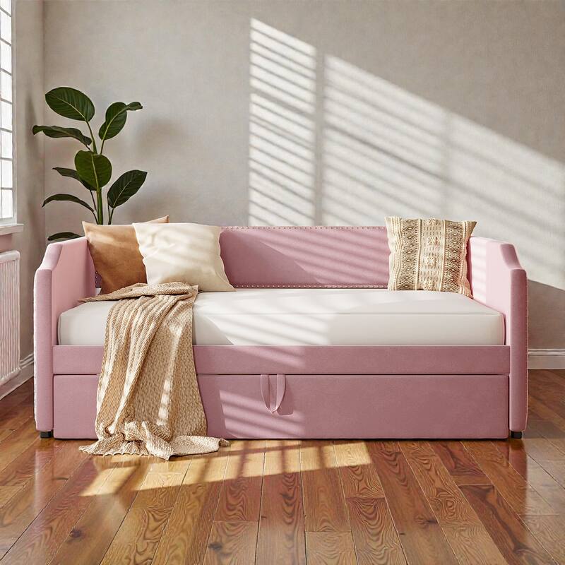 Twin Size Velvet Upholstered Daybed with Pop Up Trundle, 2-in-1 Sofa Bed for Guest Room or Kids Room - Pink - Twin