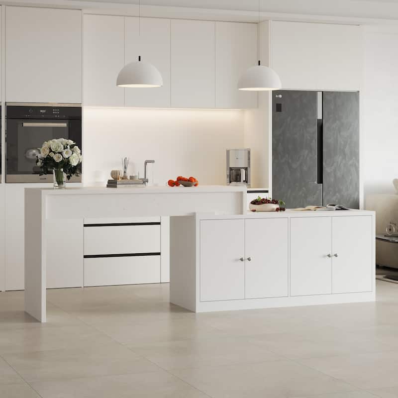 Modern Kitchen Island with Pull-Out Faux Marble Top, White Storage Cabinet with Large Capacity Shelves Kitchen Dining Table