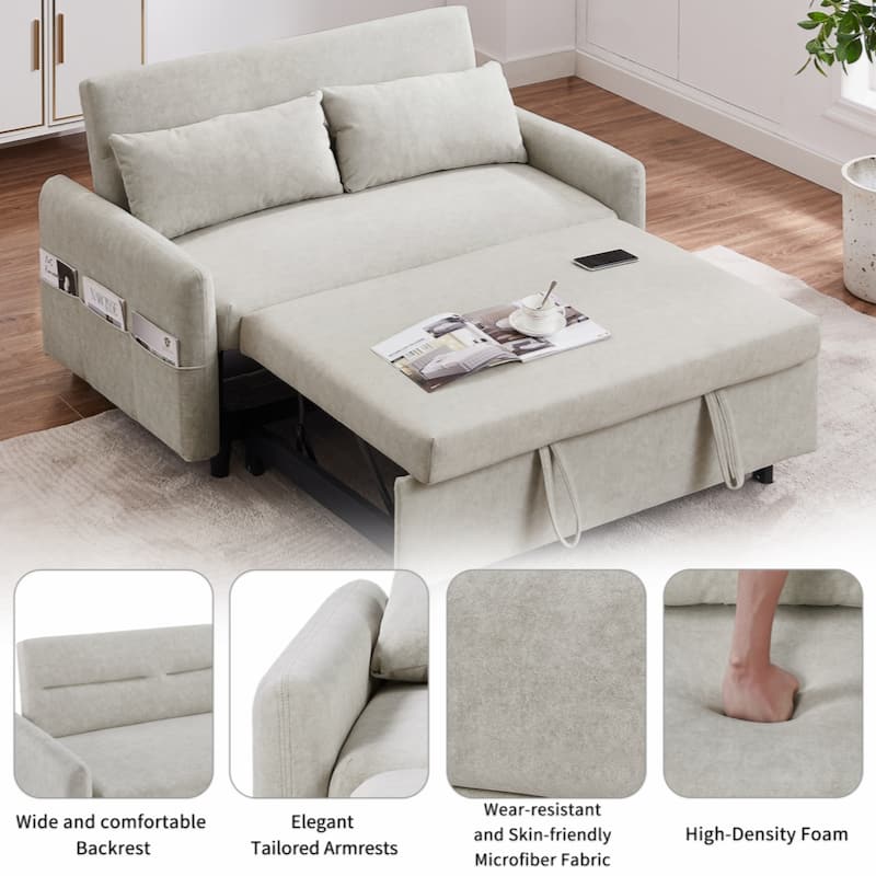 55.1" Pull Out Sleep Sofa Bed Loveseats Sofa Couch with Adjsutable Backrest,Storage Pockets,2 Soft Pillows,USB Ports,Beige