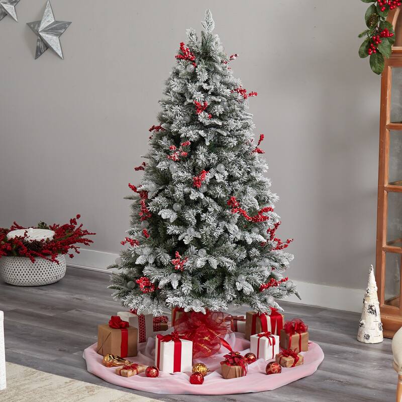 6’ Pre-Lit Flocked Artificial Christmas Tree, Warm Clear LED Lights - 6 Foot